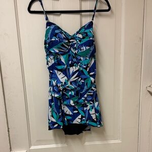 White Stag Blue Floral One Piece, figure flattering swim suit with black trunks
